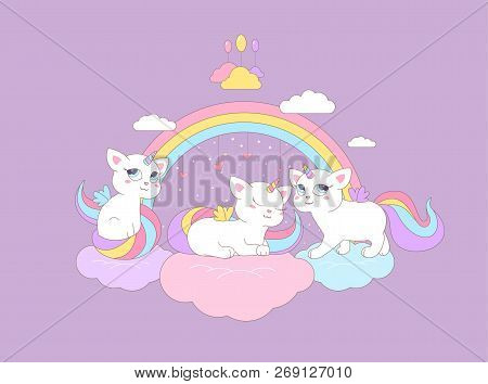 Cute Kittens Unicorns Sit On The Clouds Under The Rainbow