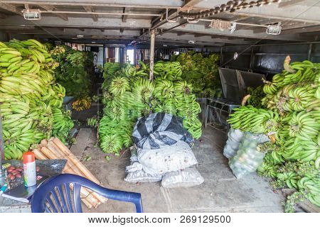 Napo, Peru - July 16, 2015: View Of Plantains At A Cargo Deck Of A Boat Arabela I On A River Napo.