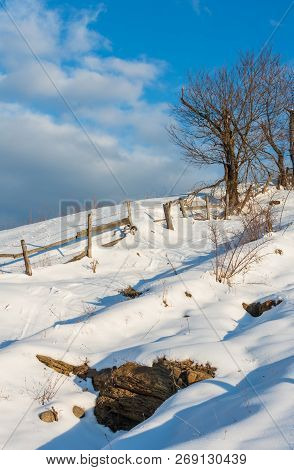 Winter  Morning Scenery Picturesque Mountain Rural Snow Covered Path And Footprint (ukraine, Carpath