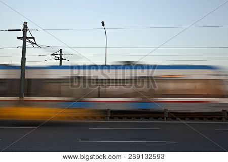 Long Exposured Tram At The Galata Bridge In Istanbul, Turkey. Taken In 2012 Summer.