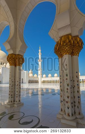 Sheikh Zayed Mosque - Abu Dhabi, United Arab Emirates. Beautiful White Grand Mosque Minerets