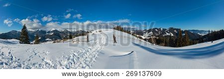 Winter  Morning Scenery Picturesque Mountain Rural Snow Covered Path And Footprint On Hill Top (ukra