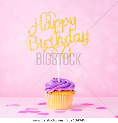 Creative Pastel Fantasy Holiday Card With Cupcake And Happy Birthday Topper On Bokeh Backdrop. Baby 