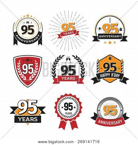 Collection Of Retro 95 Th Years Anniversary Logo. Set Of Isolated Vintage Icons Of Ninety-five Years