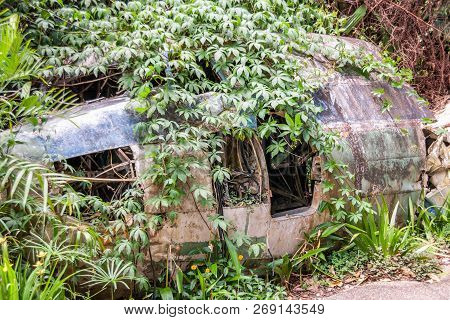 Kuranda, Queensland, Australia - December 4, 2009: Closeup Of Dc Gray-brown-blue Airplane Wreck Part