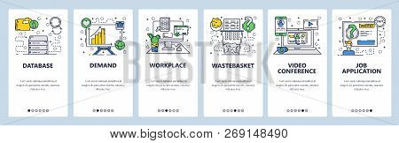 Vector Web Site Linear Art Onboarding Screens Template. Business Computer Desk, File Shredder And Vi
