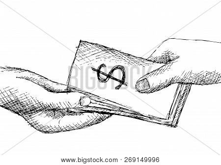 Sketch, Business Handshake With Corruption. Black And White.