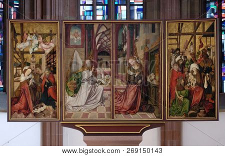 WURZBURG, GERMANY - JULY O4, 2018: The Annunciation and Nativity Scene, main altar in Marienkapelle in Wurzburg, Bavaria, Germany