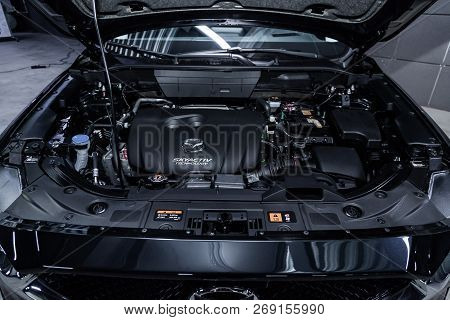 Novosibirsk, Russia - November 16, 2018: Mazda 3, Close-up Of The Engine, Front View. Photography Of