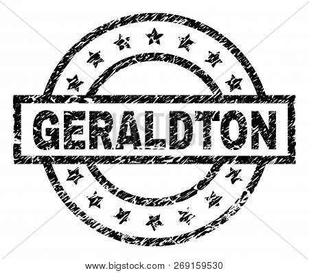 Geraldton Stamp Seal Watermark With Distress Style. Designed With Rectangle, Circles And Stars. Blac
