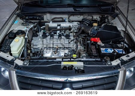 Novosibirsk, Russia - November 16, 2018: Nissn Almera,  Close-up Of The Engine, Front View. Photogra