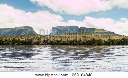 River Carrao And Tepuis Table Mountains In National Park Canaima, Venezuela.