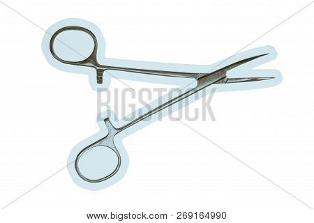 Pean Clamp Close-up On White Background. Isolated Image Of Surgical Clamp. Vintage Image Of Medical 