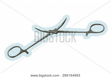 Pean Clamp Close-up On White Background. Isolated Image Of Surgical Clamp. Vintage Image Of Medical 