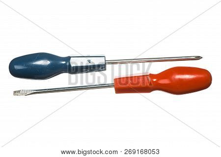 Isolated Image Of Flat And Cross Screwdrivers. Flathead And Crosshead Screwdrivers On White Backgrou