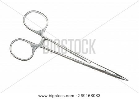 Pean Clamp Close-up On White Background. Isolated Image Of Surgical Clamp. Vintage Image Of Medical 
