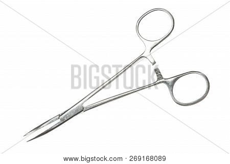 Pean Clamp Close-up On White Background. Isolated Image Of Surgical Clamp. Vintage Image Of Medical 