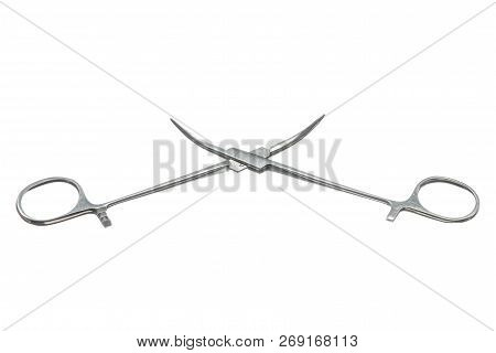 Pean Clamp Close-up On White Background. Isolated Image Of Surgical Clamp. Vintage Image Of Medical 