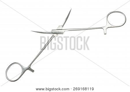 Pean Clamp Close-up On White Background. Isolated Image Of Surgical Clamp. Vintage Image Of Medical 