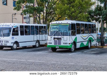 Merida, Venezuela - August 20, 2015: Small Buses Are Waiting At A Bus Station In Merida, Venezuela