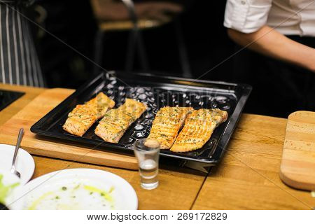 Salmon Steak In Spices On Grill Pan