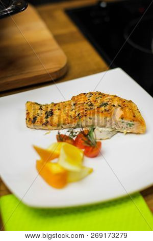 Salmon Steak In Spices On Grill Pan