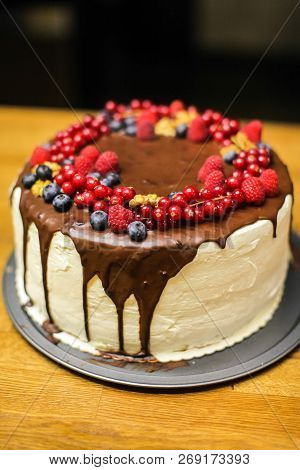 Hand Made Cake With Berries For The Birthday Of Everyone. The Cake Is The Dessert Of The Day That Ma