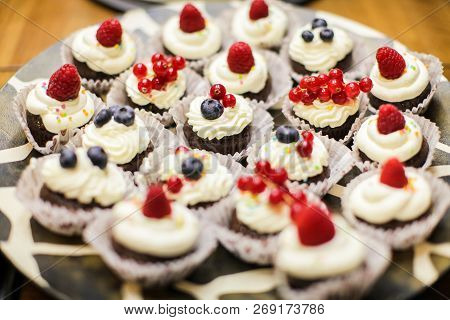 Hand Made Cake With Berries For The Birthday Of Everyone. The Cake Is The Dessert Of The Day That Ma