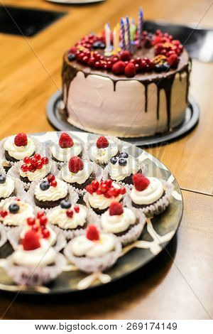 Hand Made Cake With Berries For The Birthday Of Everyone. The Cake Is The Dessert Of The Day That Ma