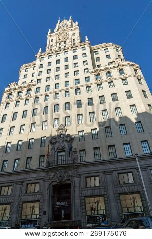 Madrid, Spain - January 24, 2018: Telefonica Building (edificio Telefonica) At Gran Vía Street In Ci