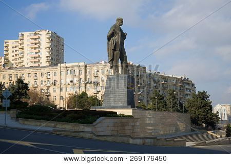 Baku, Azerbaijan - January 04, 2018: Monument To The Azerbaijani Writer Large Political And Public F