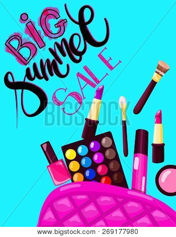 Beauty And Makeup Illustration. Lipstick, Eyeliner, Blush, Powder, Eyeshadows, Nail Polish, Brushes 