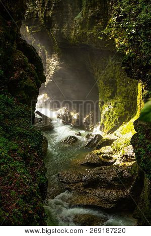 Amazing View On Waterfall In The Picturesque Martvili Canyon In Georgia Near Kutaisi. Beautiful Natu