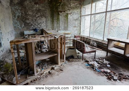 Reception Desk In Hall Of Hospital No. 126, Abandoned Ghost Town Of Pripyat (10-km Chernobyl Nuclear