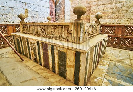 Cairo, Egypt - December 21, 2017:  The Stone Sarcophagus In Mausoleum Of Sultan Al-muayyad, Decorate