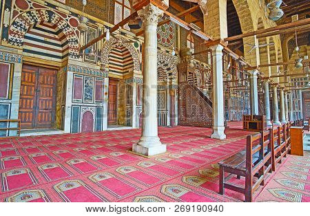 Cairo, Egypt - December 21, 2017:  The Rich Interior Of Sultan Al-muayyad Mosque With Carved Stone P