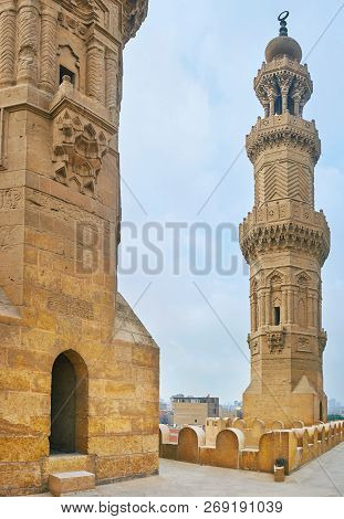 The Picturesque Towers Of Medieval Bab Zuwayla Gate, Decorated With Complex Carved Patterns, Cairo, 