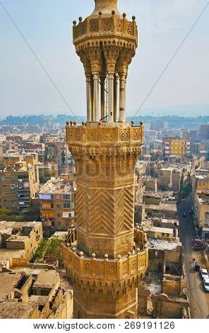 Intricate Carved Patterns On Stone Tower Of Bab Zuwayla Gate, Located In Islamic Cairo, Egypt.