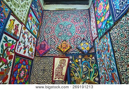 Cairo, Egypt - December 21, 2017:  Choose Handmade Appliqued Textile Pieces In Shop Of Tentmakers Al