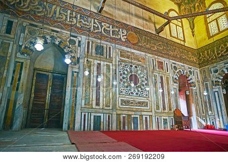 Cairo, Egypt - December 21, 2017: The Colorful Stone Tiles Decorate The Walls Of Sultan Hassan Mosqu