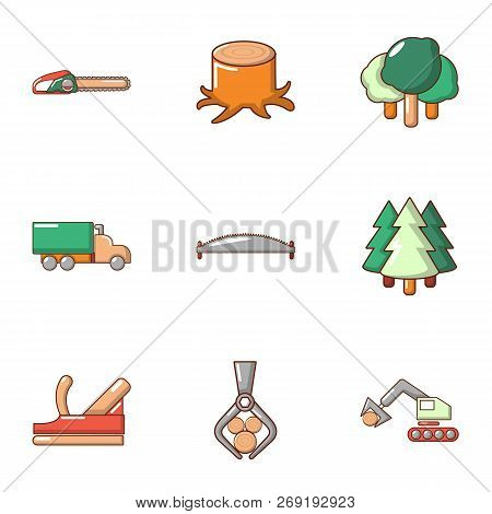 Tree Felling Icons Set. Flat Set Of 9 Tree Felling Vector Icons For Web Isolated On White Background