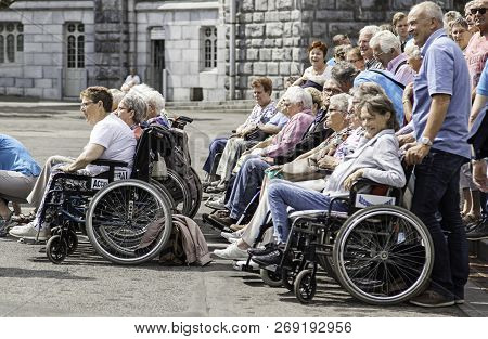 Lourdes, France - July 12, 2017: The Sanctuary Of Our Lady Of Lourdes, The Destination For Pilgrimag