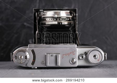 Moscow, Russia, September 12, 2017. The Old Soviet Medium Format Rangefinder Camera Iskra-2, Release