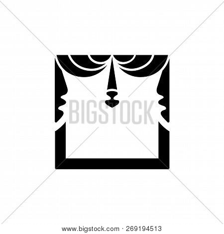Black & White Vector Illustration Of Fabric Valance With Drapery. Flat Icon Of Window Shade With 2 A