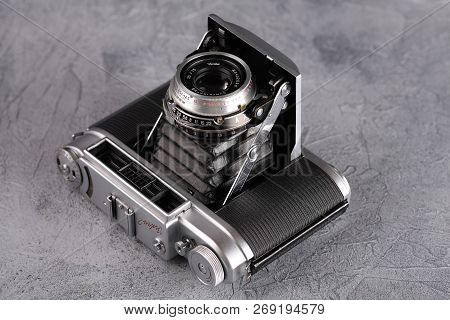 Moscow, Russia, September 12, 2017. The Old Soviet Medium Format Rangefinder Camera Iskra-2, Release