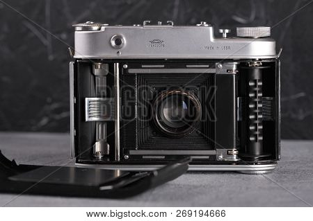 Moscow, Russia, September 12, 2017. The Old Soviet Medium Format Rangefinder Camera Iskra-2, Release