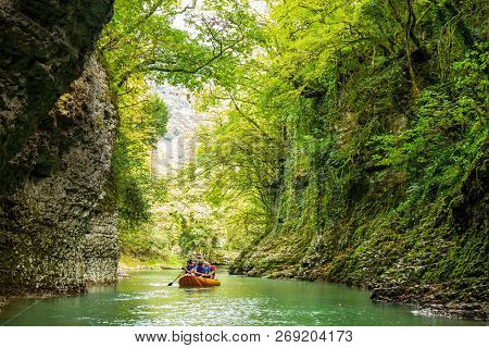 Amazing View On Boat Tour Of The Picturesque Martvili Canyon In Georgia Near Kutaisi. Beautiful Natu