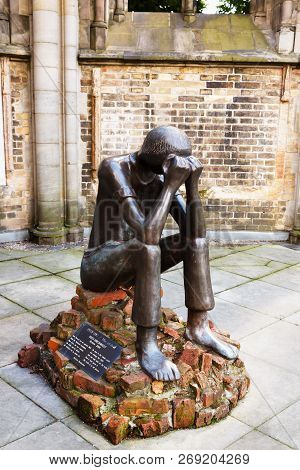 Hamburg, Germany - August 15, 2016 - Metal Male Staue At The Remains Of The Southern Aisle Of St. Ni