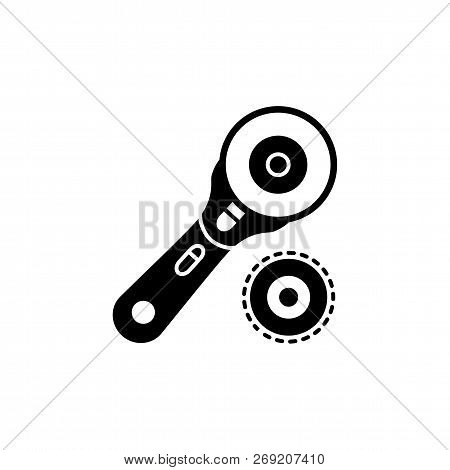 Black & White Vector Illustration Of Rotary Cutter & Blade. Flat Icon Of Quilting Instrument. Patchw