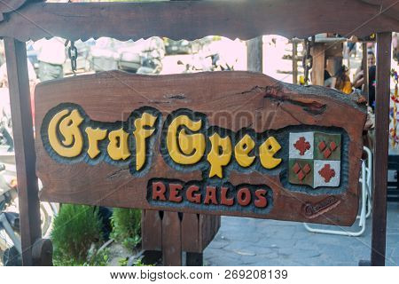 Villa General Belgrano, Argentina - Apr 3, 2015: Sign Of A Souvenir Shop In Villa General Belgrano, 